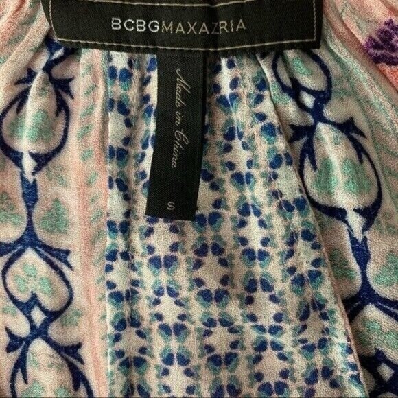 BCBGMAXAZRIA Boho Peasant Blouse Small Pink Blue Paisley Festival Flowy Tunic - Picture 4 of 4